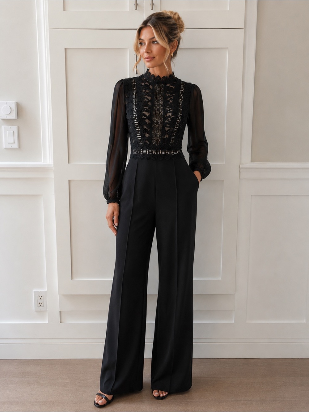 Elegant Black Lace-Detail Jumpsuit